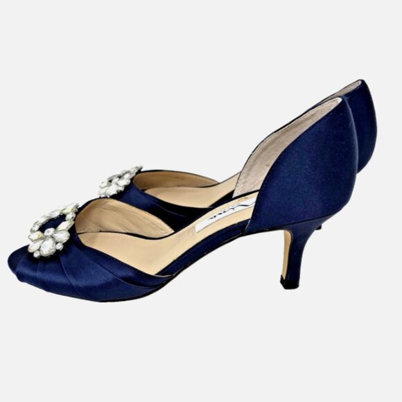 Nina Corrine D'Orsay Pump Navy Satin Peep Toe Jeweled Buckle Womens Size 6.5 M - Picture 5 of 12
